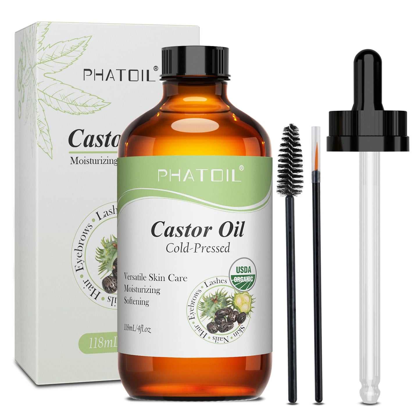 PHATOIL Organic Castor Oil Cold Pressed 100% 118ml/236ml Castor Oils For Hair Growth,Eyelashes & Eyebrows,Moisturizing Skin Care